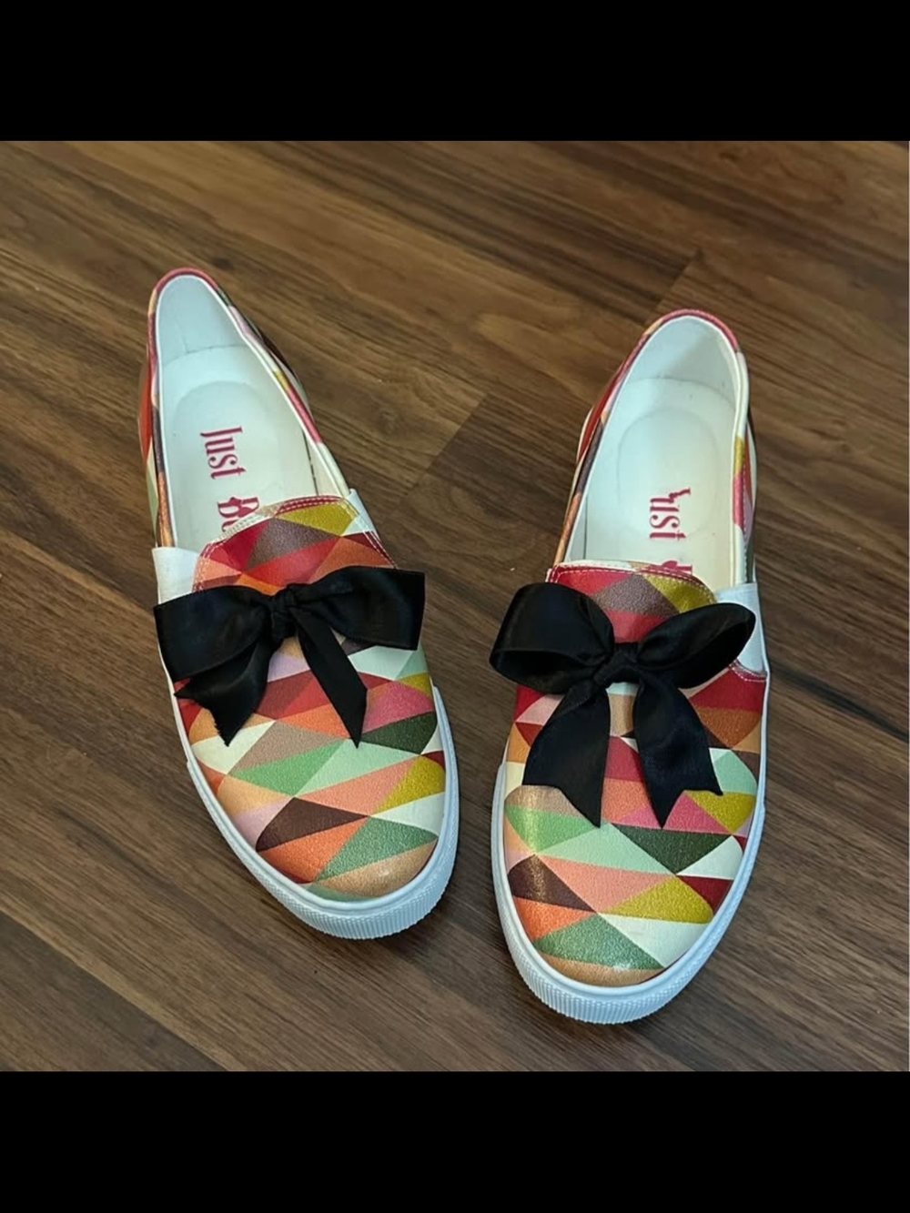 Multicolor Geometric Slip-On Loafers with Black Bow